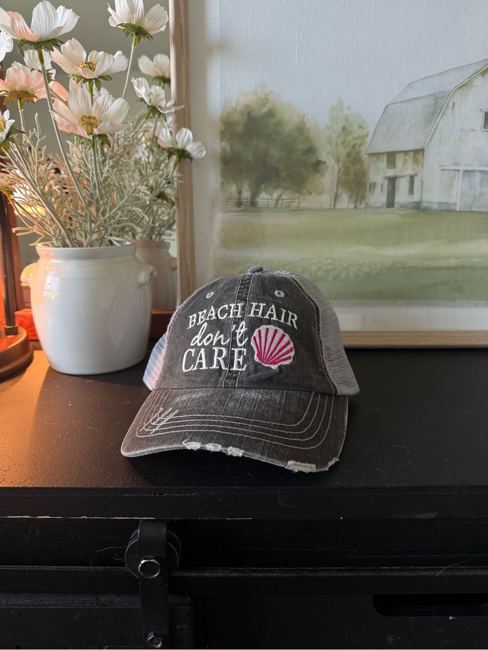 Beach Hair Don't Care Distressed Trucker Hat - Gray with Pink Shell